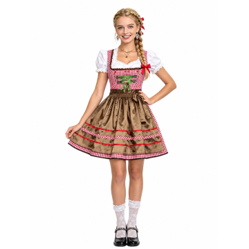 Womens Bavarian Beer Maid Dirndl Costume - Red Gingham Oktoberfest Dress