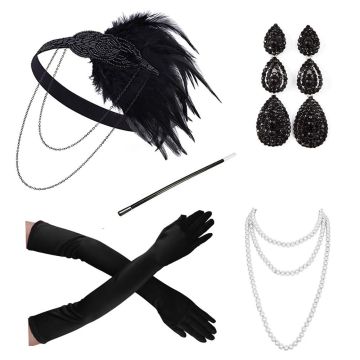 Adult 1920s Flapper Accessory Set - 5-Piece Gatsby Costume Kit with Headband, Gloves & Pearls - alternate view 5