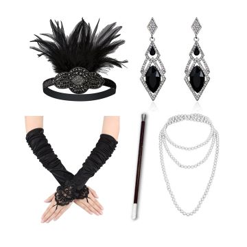 Women's 1920s Flapper Accessory Set - Black Feather Headband, Gloves, Pearls & Cigarette Holder - alternate view 7