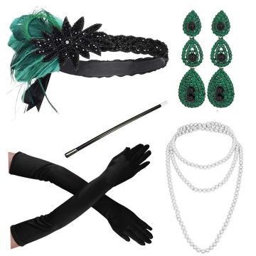 Adult 1920s Flapper Accessory Set - Black & Emerald 5-Piece Gatsby Costume Kit - alternate view 5