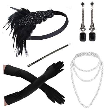 Adult 1920s Gatsby Flapper Accessory Set - 5-Piece Black & Pearl Charleston Kit - alternate view 7