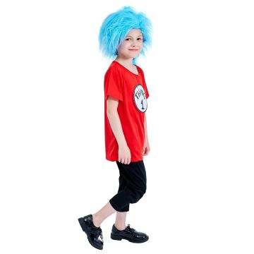 Kids Storybook Twins Costume Set - Red Shirt Blue Wig 4 Labels