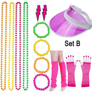 80s Neon Accessory Set B - Visor Cap, Fishnet Gloves & Leg Warmers - alternate view 7