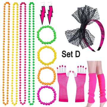 80s Neon Accessory Set - Bow Headband, Fishnet Gloves & Leg Warmers