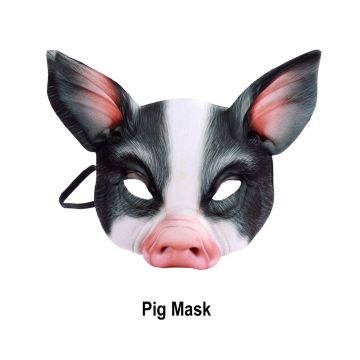 Adult pig mask with black and white fur pattern and pink snout