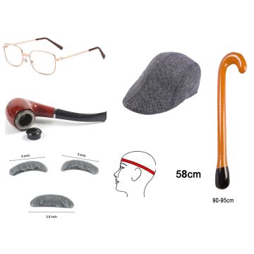 Kids and Adults Old Man Costume Kit - 100 Days of School Grandpa Set with Cap, Pipe, Glasses, Moustache, Walking Stick