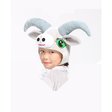 kids goat headpiece - plush white ram hood with horns and ears - back view