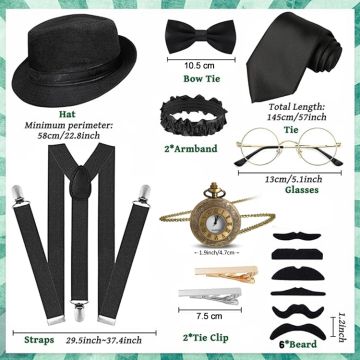 Mens 1920s Gangster Costume Accessory Set - Fedora Hat Suspenders Bow Tie