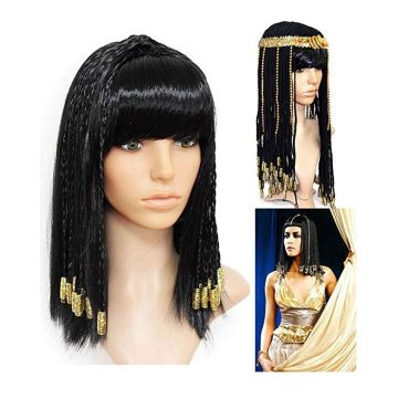 Cleopatra Black Wig - Adult Egyptian Queen Costume Wig with Gold Braids