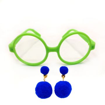 Girls Curly Wig with Green Glasses & Blue Earrings - Book Week Character Set