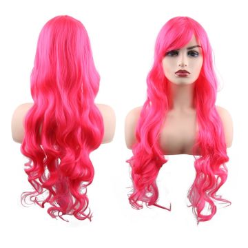 womens hot pink long wavy wig with side-swept bangs - neon pink costume wig - alternate view