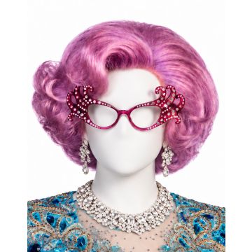Purple bouffant wig with rhinestone cat-eye glasses on mannequin