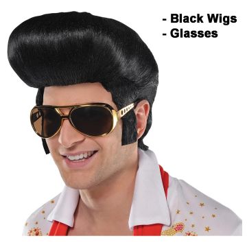 Adult Elvis Wig and Sunglasses Set - Black Pompadour with Gold Aviators