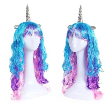 Girls Unicorn Wig with Horn - Rainbow Ombre Long Wavy Wig Blue Purple Pink