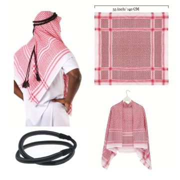 Adult Arab Shemagh Headdress Set with Agal - Red & White Traditional Keffiyeh Scarf