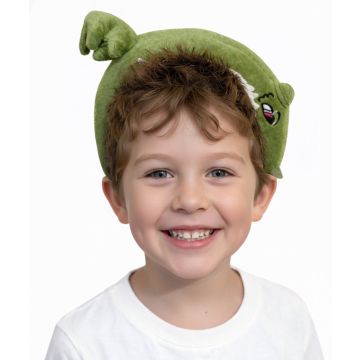 Kids green dinosaur headband with open mouth and white teeth detail