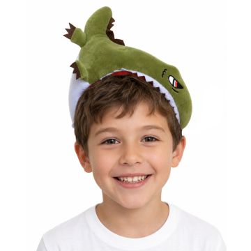 Green T-Rex dinosaur headband with open jaws and white teeth