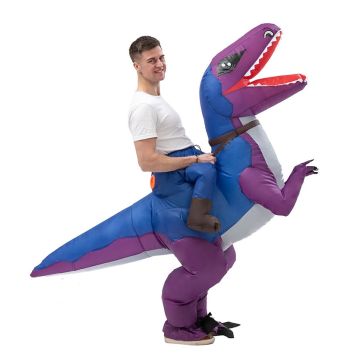 Adult Purple T-Rex Inflatable Ride-On Costume with Battery Fan