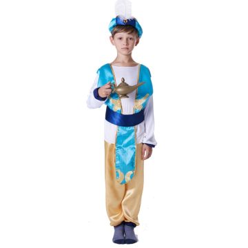 Boys Arabian genie costume with turquoise vest and gold pants front view