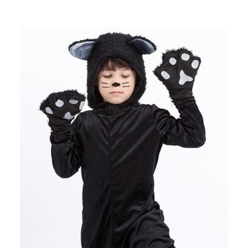 Kids Black Cat Costume Jumpsuit with Hood, Tail & Paw Gloves