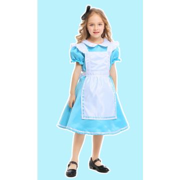 Womens Wonderland Adventure Book Week Costume - Blue Dress with Apron and Bow