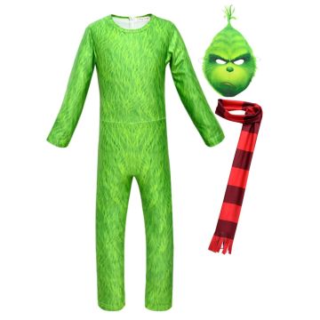 Kids Green Grumpy Christmas Character Costume with Mask and Scarf