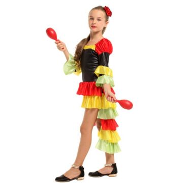 Girls Spanish Flamenco Dancer Costume with Tiered Ruffled Dress and Headpiece