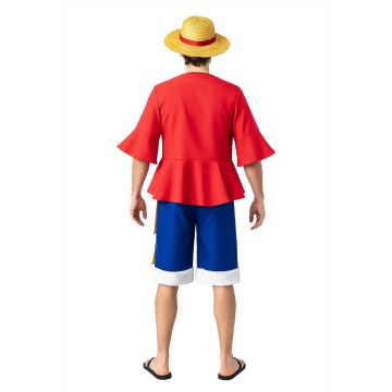 Adult Anime Pirate Captain Costume - Red Jacket Blue Shorts Straw Hat Set
