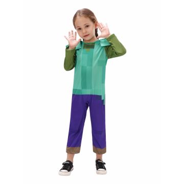 Kids block-building game Zombie Costume - Pixelated Block Game Character Jumpsuit with Headpiece