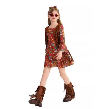 Girls Hippie Costume 1960s Flower Power Dress with Fringe Vest
