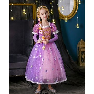 Girls Purple Princess Costume Dress with Gold Lacing and Arm Sleeves - alternate view