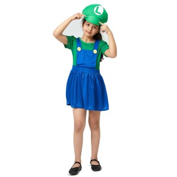 Girls Green Plumber Costume Dress with Hat and Moustache