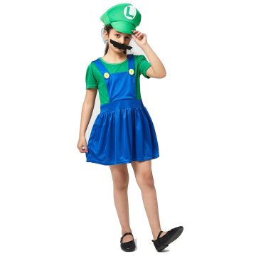 Girls Green Plumber Costume Dress with Hat and Moustache - alternate view