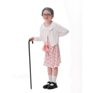 Kids Grandma Costume Pink Floral - 100 Days of School Old Lady Dress Up Set with Wig