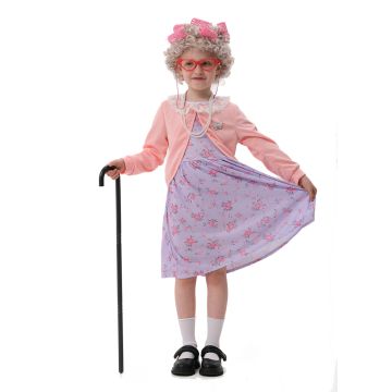 Kids Grandma Costume with Hair Rollers - 100 Days of School Old Lady Set Purple Floral