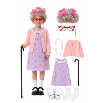 Kids grandma costume with curly grey wig pink hair rollers red cat eye glasses purple dress and accessories laid out