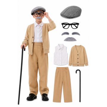 Kids grandpa costume 7 piece set with black white houndstooth newsboy cap grey eyebrows mustache black glasses beige cardigan and accessories laid out