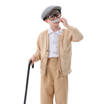 Kids Grandpa Costume Houndstooth Cap - 100 Days of School Old Man Beige 7-Piece Set