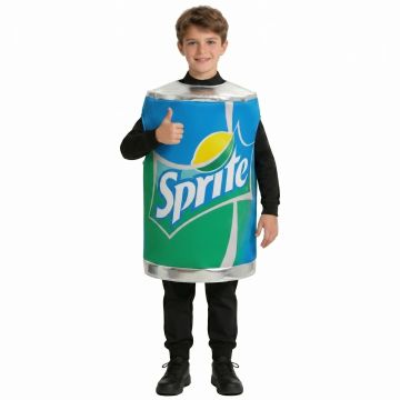 Kids lemon-lime soda can costume with metallic silver trim and beverage graphics