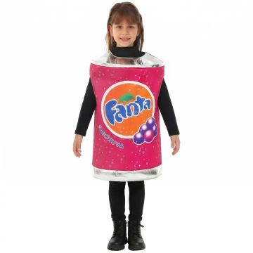 Child wearing pink grape soft drink can costume tabard over black top and pants