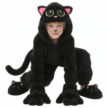 Child wearing black cat costume hooded plush jumpsuit crouching with paw gloves and tail