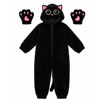 Kids Black Cat Costume - Hooded Plush Jumpsuit with Tail and Paws