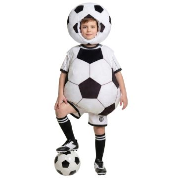 Kids soccer ball costume with padded black and white tunic and matching hood