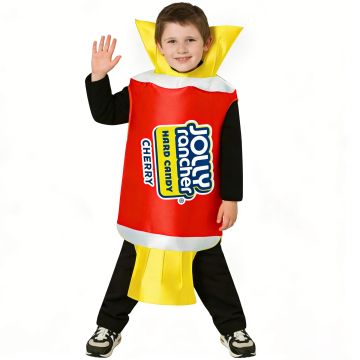 Kids red wrapped candy tabard costume with yellow twisted ends and silver foil bands