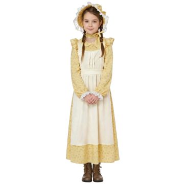 Girls pioneer prairie costume with yellow floral dress, cream apron and matching bonnet