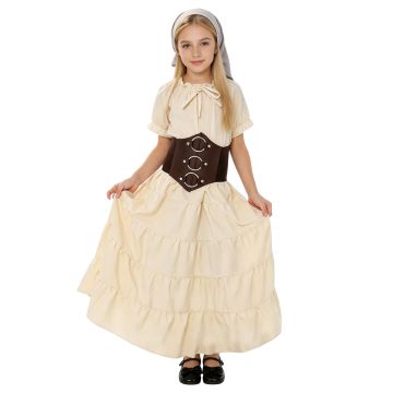 Kids Medieval Maiden Costume - Cream Tiered Dress with Corset Belt