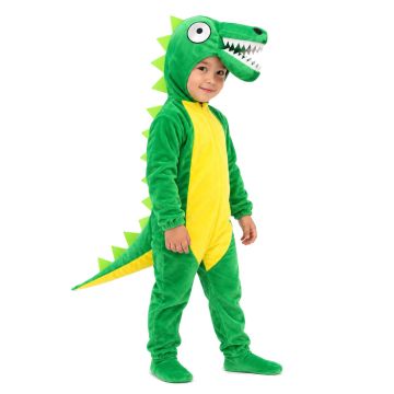 Kids green dinosaur costume jumpsuit with hood, googly eyes and spikes