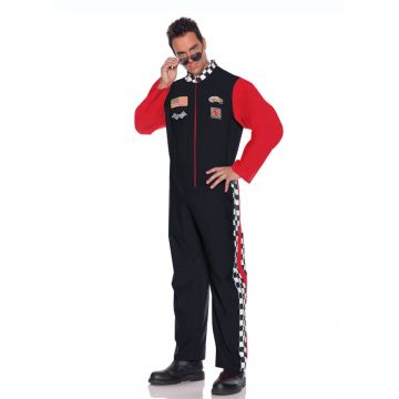 Adult Race Car Driver Costume - Black & Red Racing Jumpsuit with Patches - alternate view