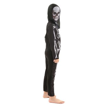 Kids Skeleton Jumpsuit Costume with Hood - Black and White Bone Print