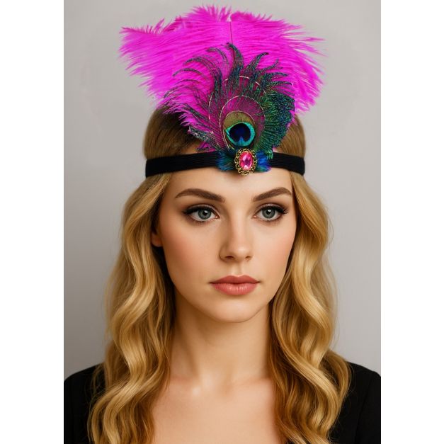 Hot pink Gatsby headband with peacock feather and jewel centerpiece on black elastic band Hot pink Gatsby headband with peacock feather and jewel centerpiece on black elastic band
